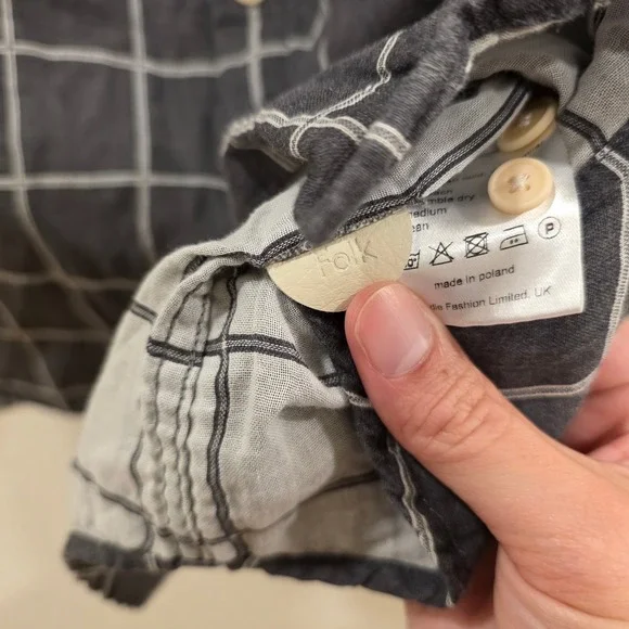 Folk Mens Windowpane Check Button Down Shirt Charcoal Grey Cotton Size 4 L - Picture 5 of 9